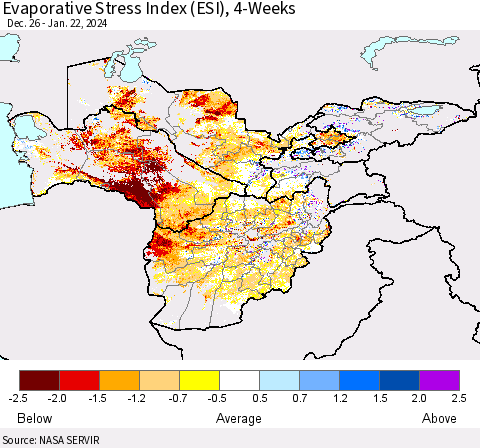 Central Asia Evaporative Stress Index (ESI), 4-Weeks Thematic Map For 1/22/2024 - 1/28/2024