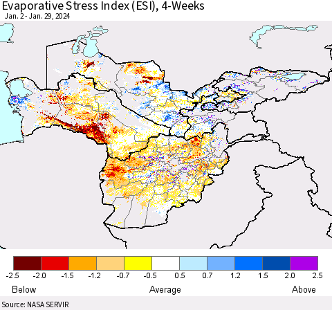 Central Asia Evaporative Stress Index (ESI), 4-Weeks Thematic Map For 1/29/2024 - 2/4/2024