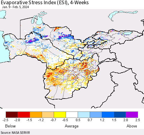Central Asia Evaporative Stress Index (ESI), 4-Weeks Thematic Map For 2/5/2024 - 2/11/2024