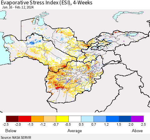 Central Asia Evaporative Stress Index (ESI), 4-Weeks Thematic Map For 2/12/2024 - 2/18/2024