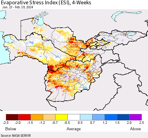 Central Asia Evaporative Stress Index (ESI), 4-Weeks Thematic Map For 2/19/2024 - 2/25/2024