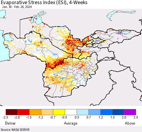 Central Asia Evaporative Stress Index (ESI), 4-Weeks Thematic Map For 2/26/2024 - 3/3/2024