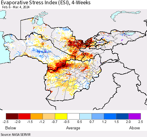 Central Asia Evaporative Stress Index (ESI), 4-Weeks Thematic Map For 3/4/2024 - 3/10/2024
