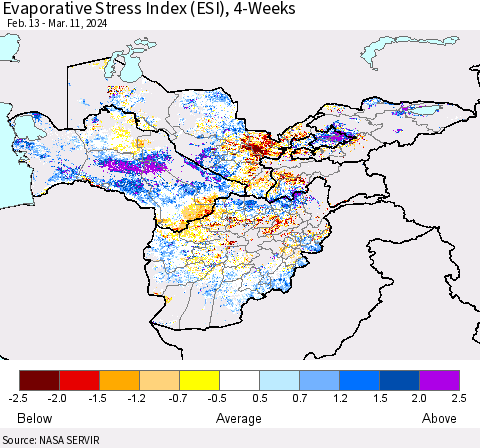Central Asia Evaporative Stress Index (ESI), 4-Weeks Thematic Map For 3/11/2024 - 3/17/2024