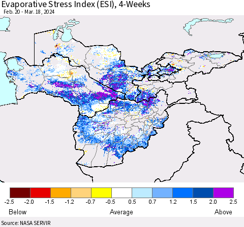 Central Asia Evaporative Stress Index (ESI), 4-Weeks Thematic Map For 3/18/2024 - 3/24/2024