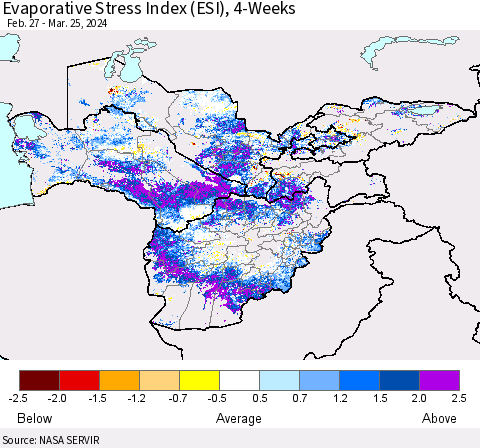 Central Asia Evaporative Stress Index (ESI), 4-Weeks Thematic Map For 3/25/2024 - 3/31/2024
