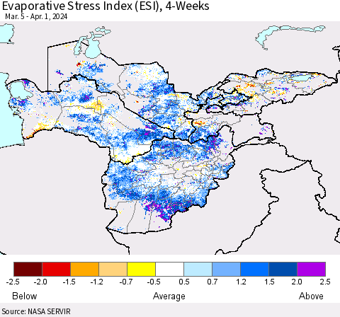 Central Asia Evaporative Stress Index (ESI), 4-Weeks Thematic Map For 4/1/2024 - 4/7/2024