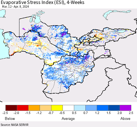 Central Asia Evaporative Stress Index (ESI), 4-Weeks Thematic Map For 4/8/2024 - 4/14/2024