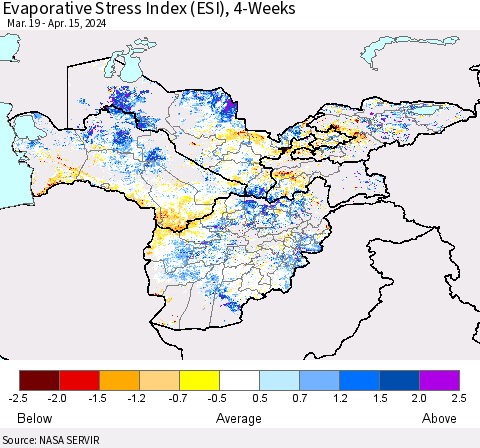 Central Asia Evaporative Stress Index (ESI), 4-Weeks Thematic Map For 4/15/2024 - 4/21/2024