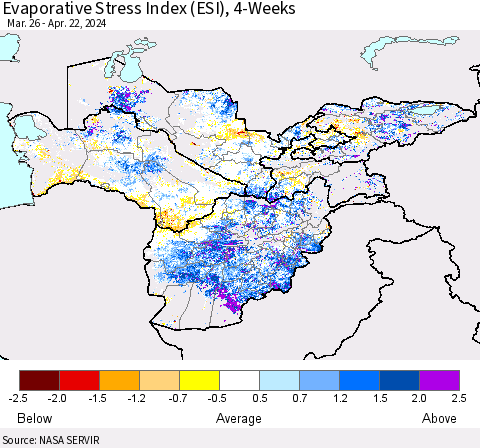 Central Asia Evaporative Stress Index (ESI), 4-Weeks Thematic Map For 4/22/2024 - 4/28/2024
