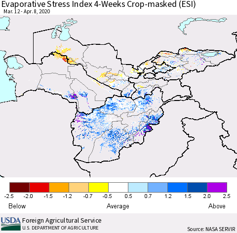 Central Asia Evaporative Stress Index (ESI), 4-Weeks over Croplands Thematic Map For 4/6/2020 - 4/12/2020