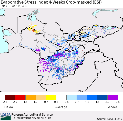 Central Asia Evaporative Stress Index (ESI), 4-Weeks over Croplands Thematic Map For 4/13/2020 - 4/19/2020