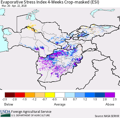 Central Asia Evaporative Stress Index (ESI), 4-Weeks over Croplands Thematic Map For 4/20/2020 - 4/26/2020