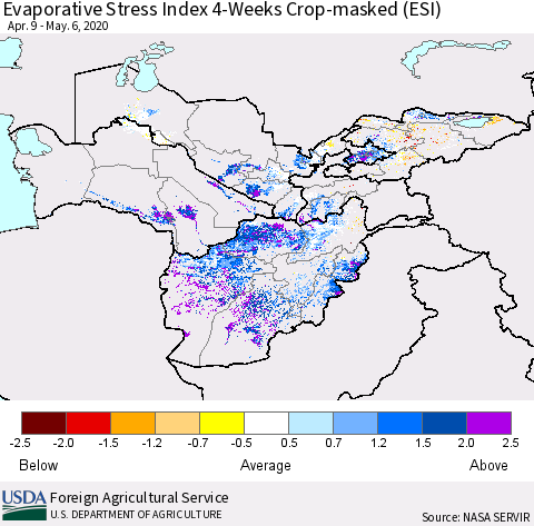 Central Asia Evaporative Stress Index (ESI), 4-Weeks over Croplands Thematic Map For 5/4/2020 - 5/10/2020