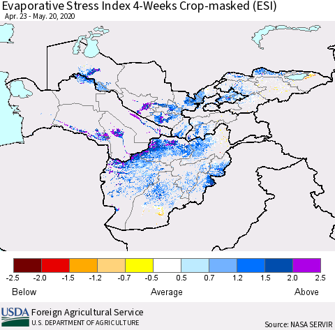 Central Asia Evaporative Stress Index (ESI), 4-Weeks over Croplands Thematic Map For 5/18/2020 - 5/24/2020
