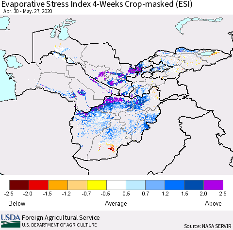 Central Asia Evaporative Stress Index (ESI), 4-Weeks over Croplands Thematic Map For 5/25/2020 - 5/31/2020