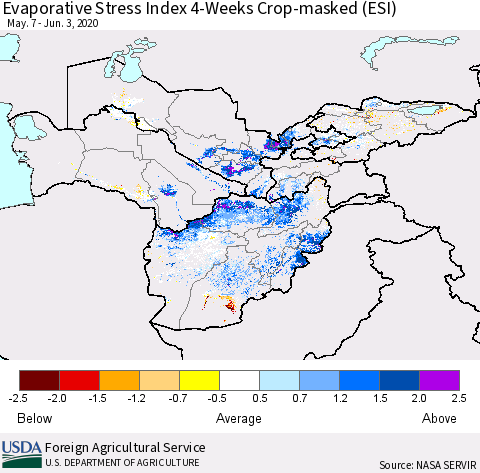 Central Asia Evaporative Stress Index (ESI), 4-Weeks over Croplands Thematic Map For 6/1/2020 - 6/7/2020