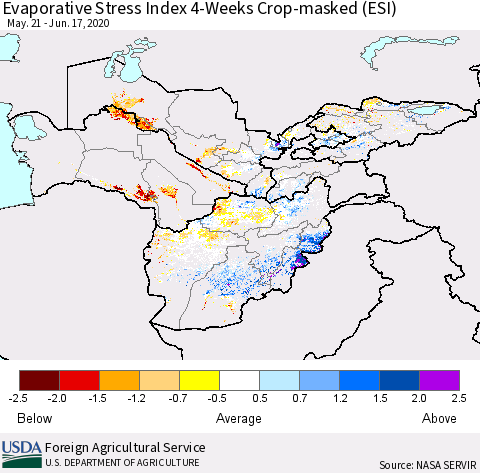 Central Asia Evaporative Stress Index (ESI), 4-Weeks over Croplands Thematic Map For 6/15/2020 - 6/21/2020