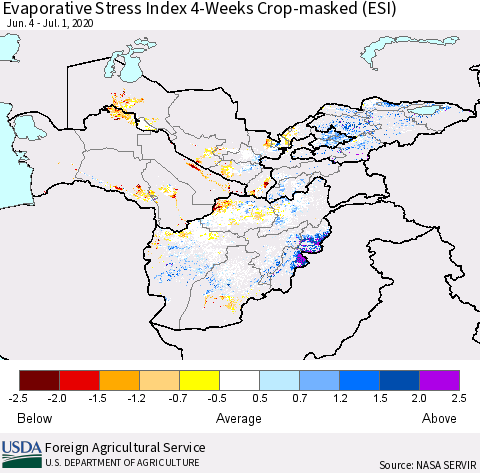 Central Asia Evaporative Stress Index (ESI), 4-Weeks over Croplands Thematic Map For 6/29/2020 - 7/5/2020