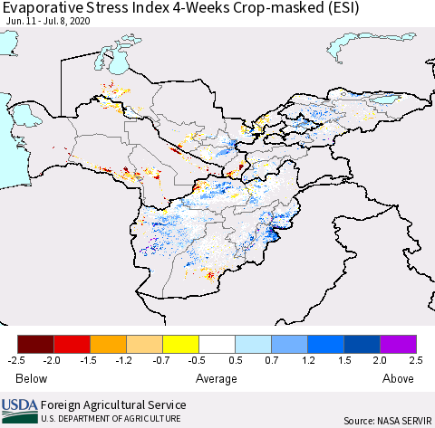 Central Asia Evaporative Stress Index (ESI), 4-Weeks over Croplands Thematic Map For 7/6/2020 - 7/12/2020