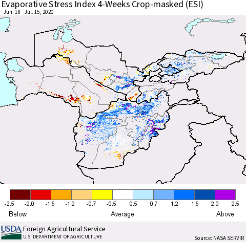 Central Asia Evaporative Stress Index (ESI), 4-Weeks over Croplands Thematic Map For 7/13/2020 - 7/19/2020