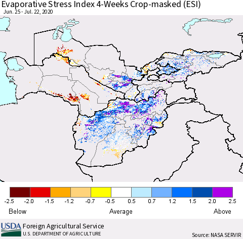Central Asia Evaporative Stress Index (ESI), 4-Weeks over Croplands Thematic Map For 7/20/2020 - 7/26/2020