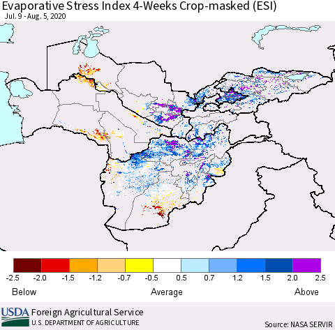Central Asia Evaporative Stress Index (ESI), 4-Weeks over Croplands Thematic Map For 8/3/2020 - 8/9/2020