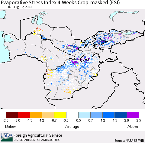 Central Asia Evaporative Stress Index (ESI), 4-Weeks over Croplands Thematic Map For 8/10/2020 - 8/16/2020