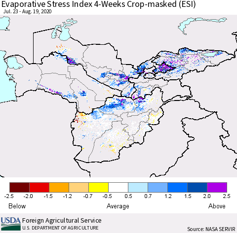 Central Asia Evaporative Stress Index (ESI), 4-Weeks over Croplands Thematic Map For 8/17/2020 - 8/23/2020