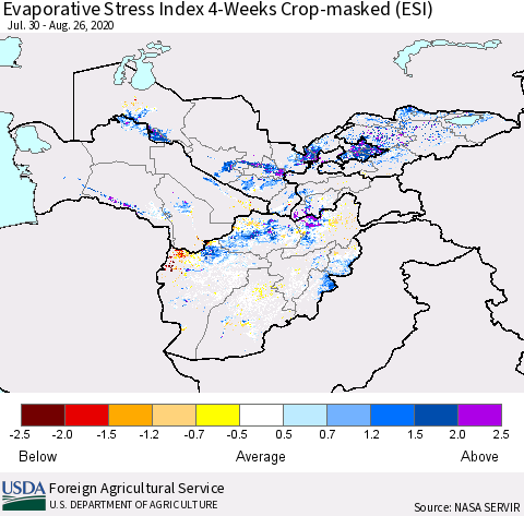 Central Asia Evaporative Stress Index (ESI), 4-Weeks over Croplands Thematic Map For 8/24/2020 - 8/30/2020