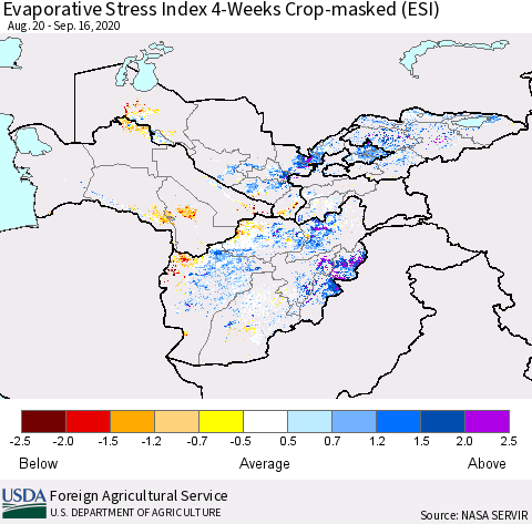 Central Asia Evaporative Stress Index (ESI), 4-Weeks over Croplands Thematic Map For 9/14/2020 - 9/20/2020