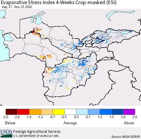 Central Asia Evaporative Stress Index (ESI), 4-Weeks over Croplands Thematic Map For 9/21/2020 - 9/27/2020