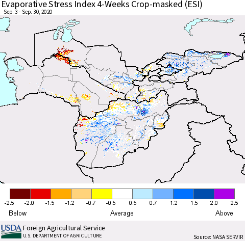 Central Asia Evaporative Stress Index (ESI), 4-Weeks over Croplands Thematic Map For 9/28/2020 - 10/4/2020