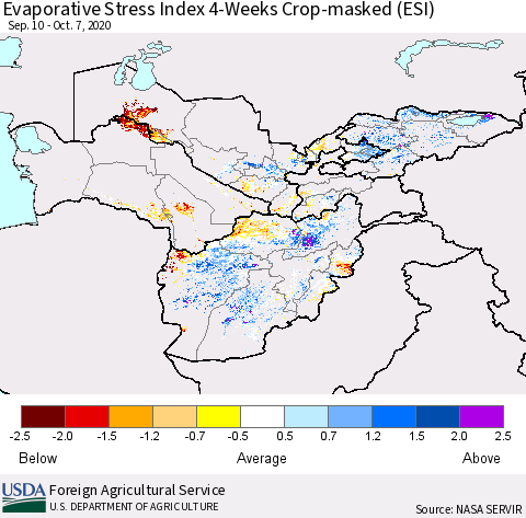 Central Asia Evaporative Stress Index (ESI), 4-Weeks over Croplands Thematic Map For 10/5/2020 - 10/11/2020