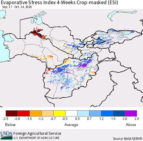Central Asia Evaporative Stress Index (ESI), 4-Weeks over Croplands Thematic Map For 10/12/2020 - 10/18/2020