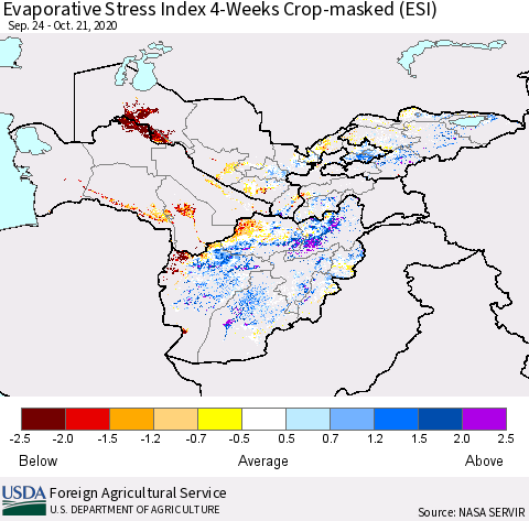 Central Asia Evaporative Stress Index (ESI), 4-Weeks over Croplands Thematic Map For 10/19/2020 - 10/25/2020