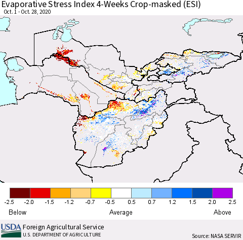 Central Asia Evaporative Stress Index (ESI), 4-Weeks over Croplands Thematic Map For 10/26/2020 - 11/1/2020