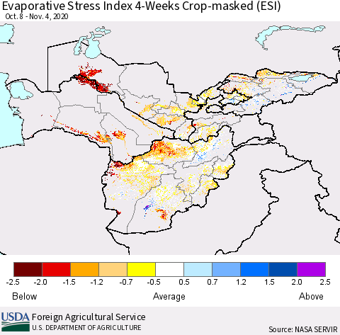 Central Asia Evaporative Stress Index (ESI), 4-Weeks over Croplands Thematic Map For 11/2/2020 - 11/8/2020
