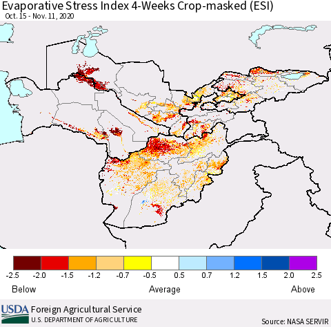 Central Asia Evaporative Stress Index (ESI), 4-Weeks over Croplands Thematic Map For 11/9/2020 - 11/15/2020