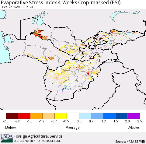 Central Asia Evaporative Stress Index (ESI), 4-Weeks over Croplands Thematic Map For 11/16/2020 - 11/22/2020