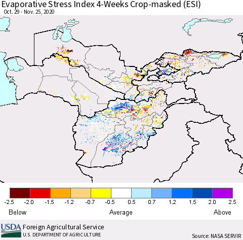 Central Asia Evaporative Stress Index (ESI), 4-Weeks over Croplands Thematic Map For 11/23/2020 - 11/29/2020