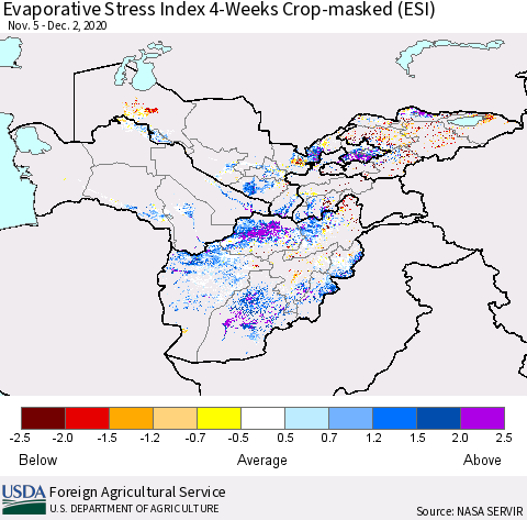Central Asia Evaporative Stress Index (ESI), 4-Weeks over Croplands Thematic Map For 11/30/2020 - 12/6/2020