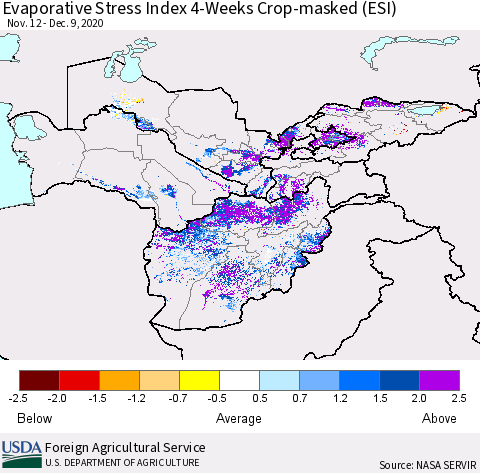 Central Asia Evaporative Stress Index (ESI), 4-Weeks over Croplands Thematic Map For 12/7/2020 - 12/13/2020