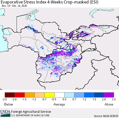 Central Asia Evaporative Stress Index (ESI), 4-Weeks over Croplands Thematic Map For 12/14/2020 - 12/20/2020