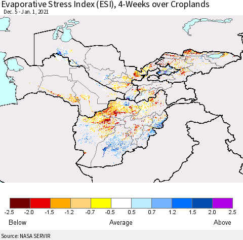 Central Asia Evaporative Stress Index (ESI), 4-Weeks over Croplands Thematic Map For 12/28/2020 - 1/3/2021