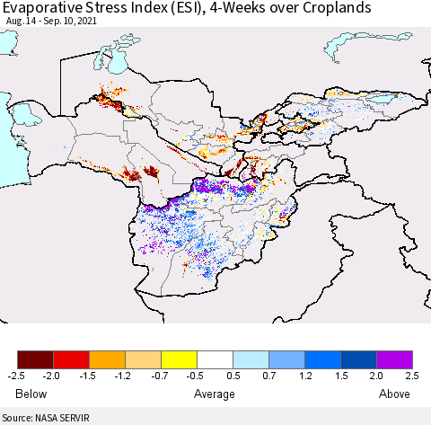 Central Asia Evaporative Stress Index (ESI), 4-Weeks over Croplands Thematic Map For 9/6/2021 - 9/12/2021