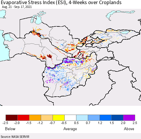 Central Asia Evaporative Stress Index (ESI), 4-Weeks over Croplands Thematic Map For 9/13/2021 - 9/19/2021