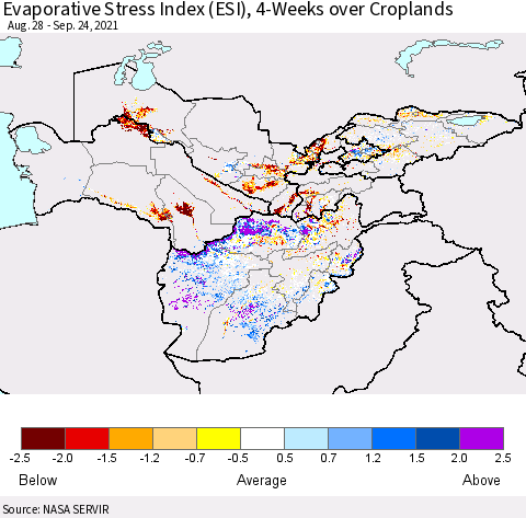Central Asia Evaporative Stress Index (ESI), 4-Weeks over Croplands Thematic Map For 9/20/2021 - 9/26/2021