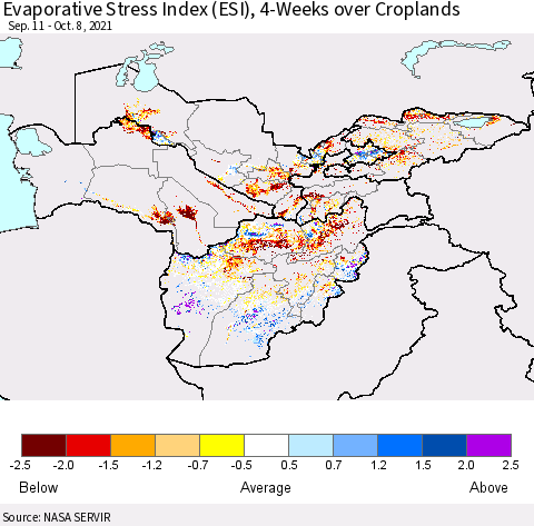 Central Asia Evaporative Stress Index (ESI), 4-Weeks over Croplands Thematic Map For 10/4/2021 - 10/10/2021