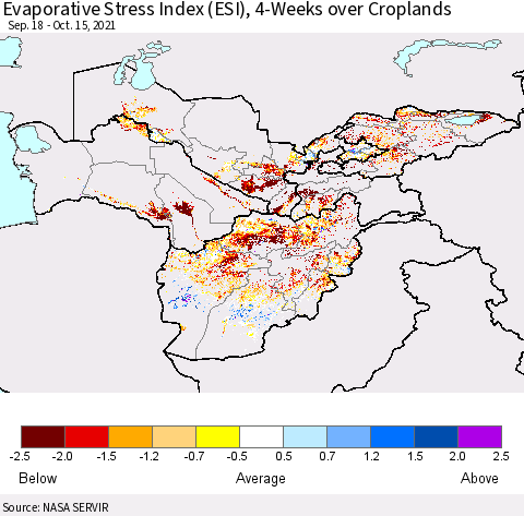 Central Asia Evaporative Stress Index (ESI), 4-Weeks over Croplands Thematic Map For 10/11/2021 - 10/17/2021
